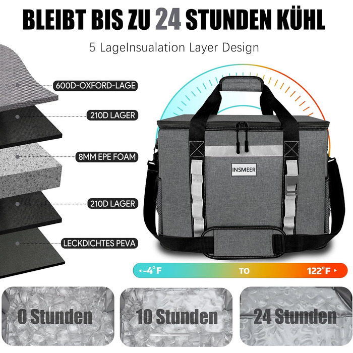 Сумка-холодильник INSMEER 48L: велика, містка, для пікніків, кемпінгу та пляжу (темно-сірий)