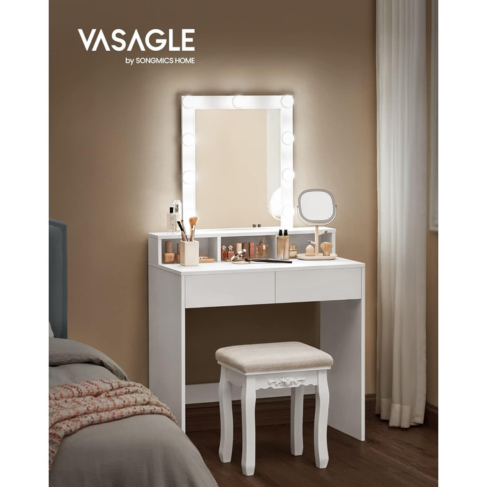 VASAGLE туалетний столик з LED-підсвіткою, регульована яскравість, дзеркало, 2 шухляди, 3 відкриті полиці, білий, 80×145 см, сучасний дизайн