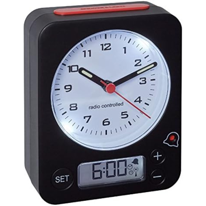 TFA Dostmann Combo Radio Clock, Analog Time and Digital Alarm, Radio Clock with High Precision, Quiet, All-Round Lighting, Black, Black-Red, L 90 x W 40 x H 115 mm