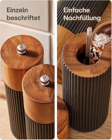 Набір для перцю та солі Praknu з дерев'яної акації з керамічним жорном - регулювання ступеня помолу, довговічний - дерев'яні млини для спецій - набір млинів для солі та перцю, чорний (маленький)