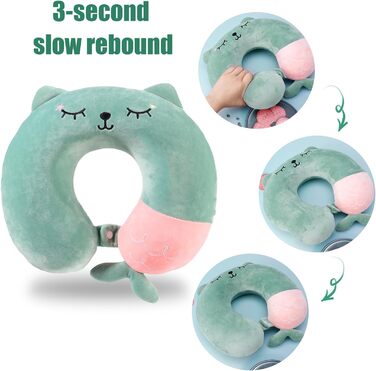 Подушка для шиї дитяча та доросла, у вигляді тваринки, 33x30 см, Memory Foam, для подорожей, літака (зелена)