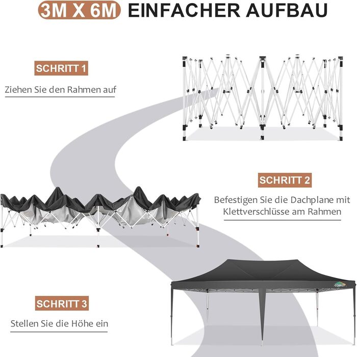 COBIZI Pavilion 3x3 Waterproof, Stable, Winter-Proof Party Tent 3x3 with 4 Side Walls Pop-Up Folding Pavilion UV Protection 50+ Garden Pavilion with Handbag, 8X Pegs and 4X Wind Rope, (Black, 3x6 m)