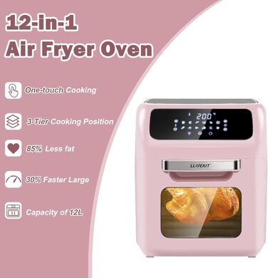LLIVEKIT Convection Oven 12 L, 12-in-1 Digital Air Fryer for Family, 360° Hot Air Circulation, Mini Oven, Oil-Free Dehydrator, 90 Min. Timer, Cookbook & 6 Accessories, 1800 W 12L Pink