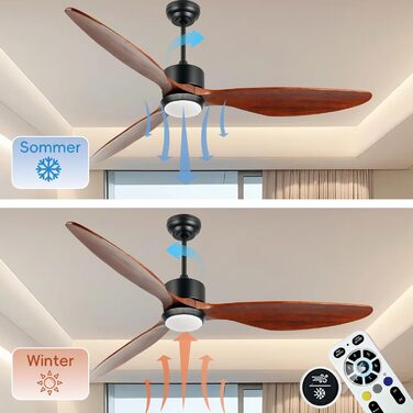 Стеляний вентилятор Ovlaim з підсвічуванням та пультом керування, тихий DC мотор, 3 лопаті, Smart, для вітальні/спальні, натуральний & срібний (колір: коричневий, діаметр: 165 см)