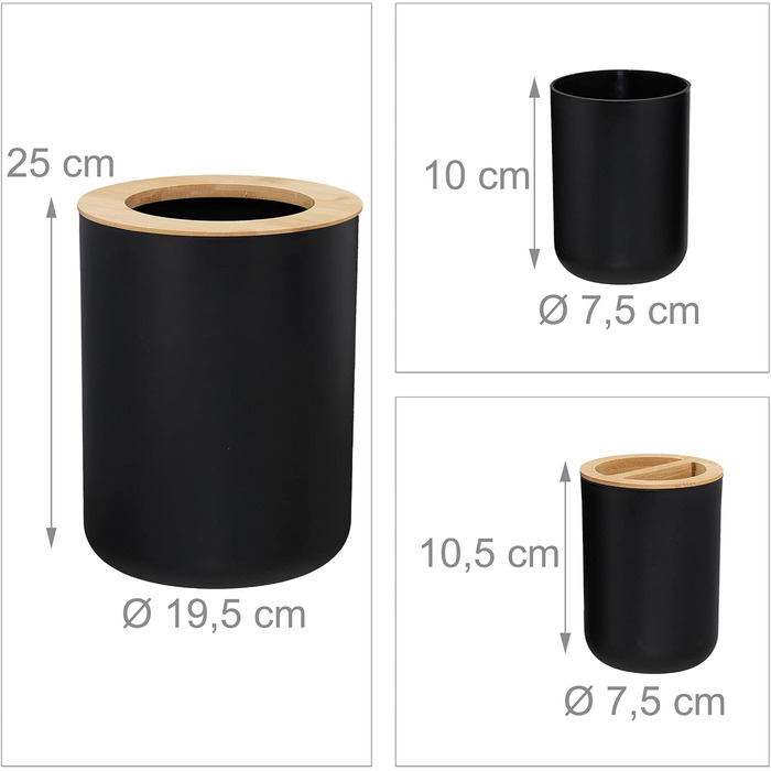 Набір для ванної кімнати Relaxdays, 6 предметів: аксесуари з пластику та бамбуку, повна комплектація, чорний колір