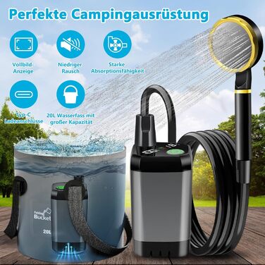Портативний душ для кемпінгу з насосом та акумулятором 6000mAh, з душовою лійкою та шлангом 2м - ідеально для подорожей, пляжу, дачі, миття авто