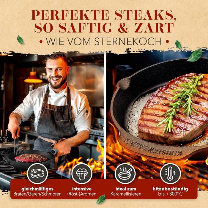 Чавунна гриль-сковорода Krustenzauber 26 см з подвійним руків'ям для індукційних плит - рифлена, для смаження м'яса та овочів