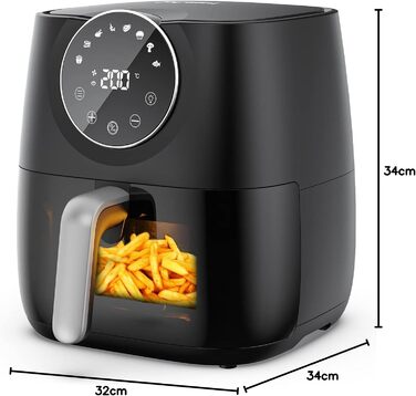 Фритюрниця Joyami Heißluft XXL 5.7L з сенсорним керуванням, 1700W, 8 програм, без олії, чорна