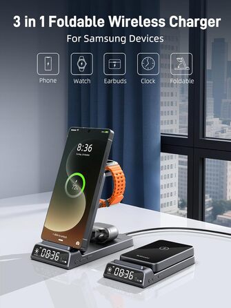 Бездротова зарядка для Samsung з годинником: станція для Galaxy S25 Ultra/S24/Z Fold 6/Flip 7/Bud, Watch, Galaxy Watch 8/7/6/5Pro, 3 в 1, сірий