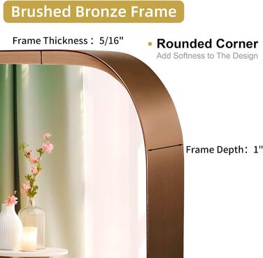 Дзеркало для ванної кімнати на стіну, титан, металевий каркас, з заокругленими кутами, прямокутне, 40,6 x 50,8 см