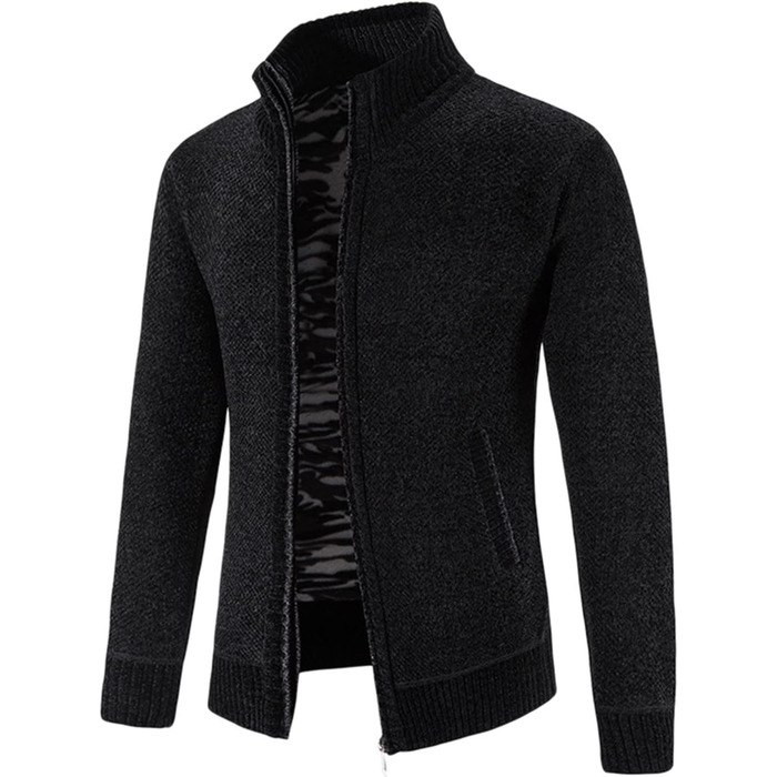 Чоловіча в'язана куртка-кардиган на осінь, з кишенями та блискавкою, флісова куртка, куртка для активного відпочинку, без капюшона, в'язана спортивна куртка, зручна, тепла куртка на зиму (XL, Чорний)