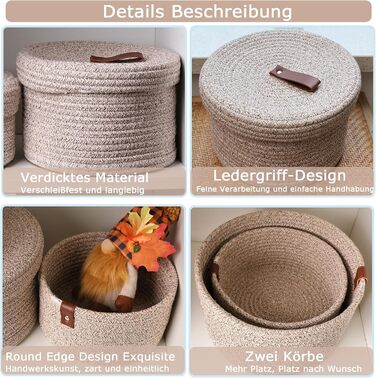 Yearonan 2 PIECE Cosmetic Storage Basket with Lid Storage Box Natural Cotton Yarn Material Washable Decorative Basket Leather Label Handle Storage Basket Set 30X17(cm)/25X13.5(cm) (White)