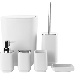 Сучасний 6-частинний набір для ванної кімнати білого кольору з дозатором для мила, тримачем для зубних щіток, мильницею, щіткою для унітазу, сміттєвим відром та склянкою з пластику та металу, білий