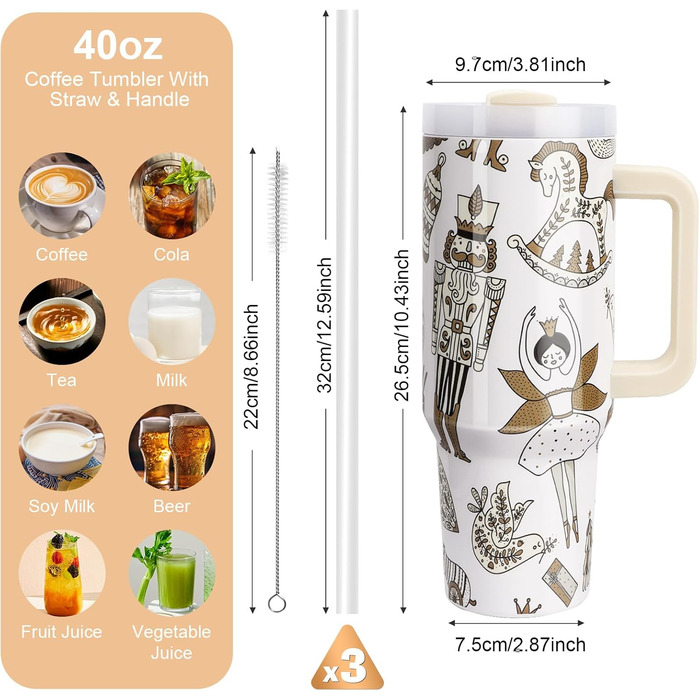 Термокружка WALLFID 40oz з нержавіючої сталі, вакуумна ізоляція, з кришкою, 3 трубочки та щітка для чищення, для гарячих та холодних напоїв, ідеальна для кави, чаю, смузі та іншого