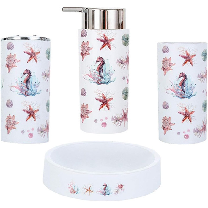 Набір аксесуарів для ванної кімнати Icegrey: 6 предметів (Океан) - дозатор для лосьйону, стакан для зубних щіток, стакан, мильниця, тримач для туалетного паперу, відро