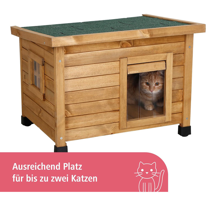 Дім для котів Kerbl Rustica з дерева, маятникова двері з ламелями, вікна з плексигласу, регульовані пластикові ніжки, коричневий/зелений, 57 x 45 x 43 см