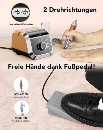 Професійний електричний фрезер для нігтів Nagelfräser 45000 об/хв з педаллю, LCD дисплеєм, 45 швидкостей, F/R, функція паузи, для гель-манікюру, для салону та дому