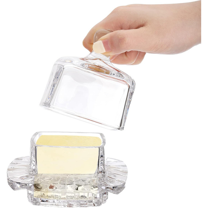 Frcctre 2 Pack Glass Butter Dish, Small Glass Butter Holder with Dome Lid and Handle, Clear Butter Serving Dish, Decorative Crystal Mini Butter Container, Butter Cloche