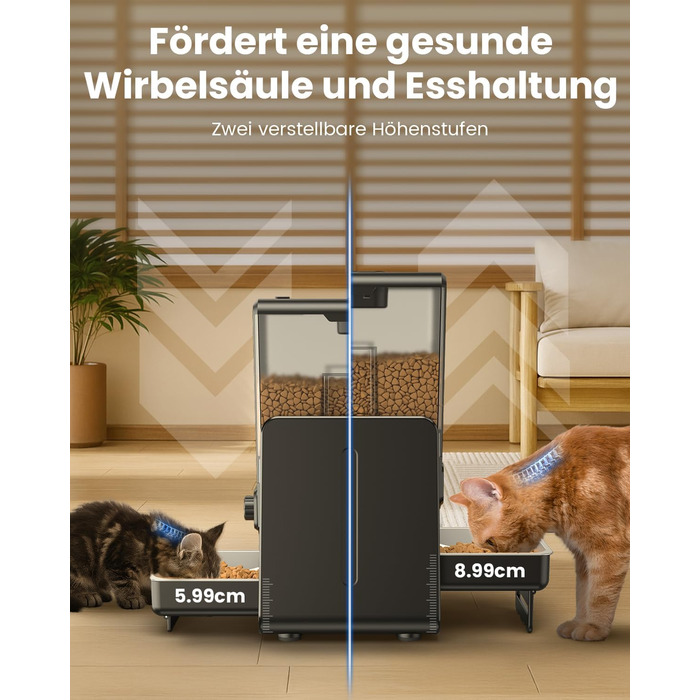 Автомат годівлі для котів з керуванням через додаток, для 2 котів, регульована висота, 2 миски, 5 л, з функцією запису голосу та таймером