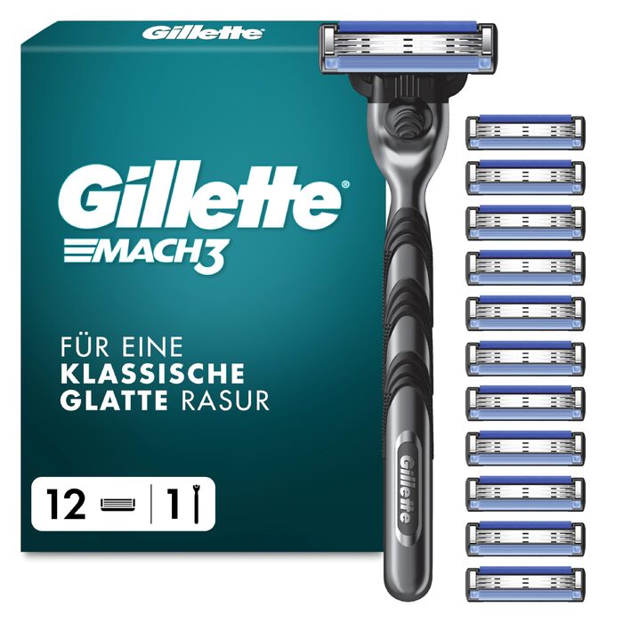 Бритва Gillette Mach 3 Standard для чоловіків, металевий корпус, сіро-чорна, набір: станок + 12 змінних касет
