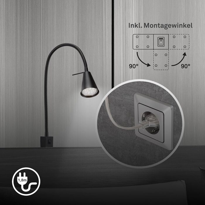 Світлодіодна настінна лампа Briloner з регульованим кріпленням, GU10 4.7W, 400lm, тепле біле світло, чорна. Лампа для читання, нічник, бра.