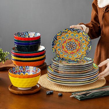 Tableware service for 6 people, vancasso simi 24-piece combination tableware set made of porcelain, dinnerware set with dinner plates, dessert plates, soup plates, and bowls, Bohemian style 24-piece tableware service