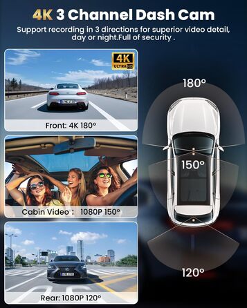 3-канальний 4K відеореєстратор для авто з камерою заднього виду, Wi-Fi, G-сенсором та нічною зйомкою, 4K+1080P+1080P, 64GB SD-карта в комплекті