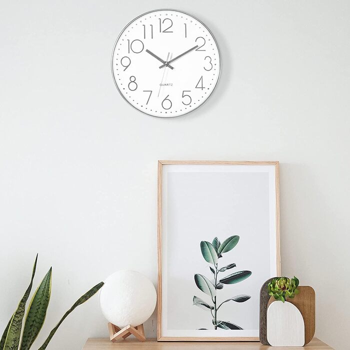 Foxtop Wall Clock Radio-Controlled Wall Clock 30 cm Silent & No Ticking Large Dial Analog Without Ticking For Kitchen, Living Room, Bathroom DCF Radio Signal Modern Design White-Gray (White-Silver)