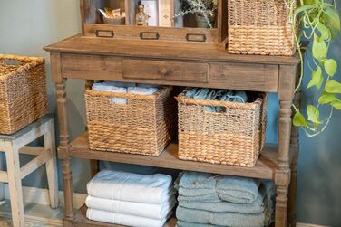 Decorative Basket Storage Woven from Water Hyacinth - Seagrass Rectangular - Shelf Basket Square - Set of 3 (S+M+L) Natural
