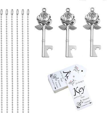 Aokbean 100 Pieces Wedding Key Bottle Opener Rose Shape Vintage Rustic Cake Accessories Suitable as a Gift for Guests with Thank You Card and Chain (Antique Silver)