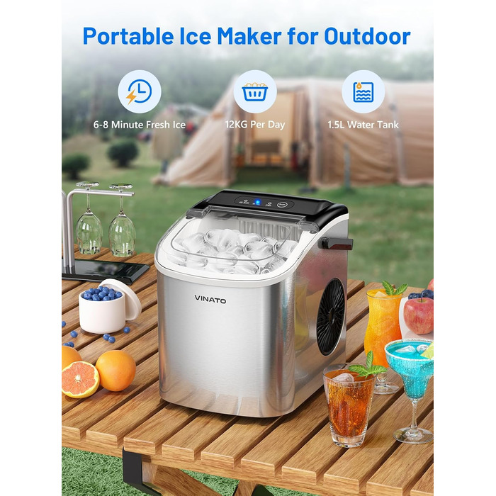 Машина для приготування льоду VINATO, компактна, 9 кубиків за 6-8 хвилин, портативна, продуктивність 12 кг/24 год, тиха робота, з лопаткою та кошиком для кухні, офісу, бару та вечірки, срібна
