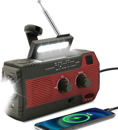 Сонячне радіо на батарейках з ручним приводом, LED-ліхтарик, SOS-сигнал, AM/FM, 2000mAh, зарядка смартфону (B-red)
