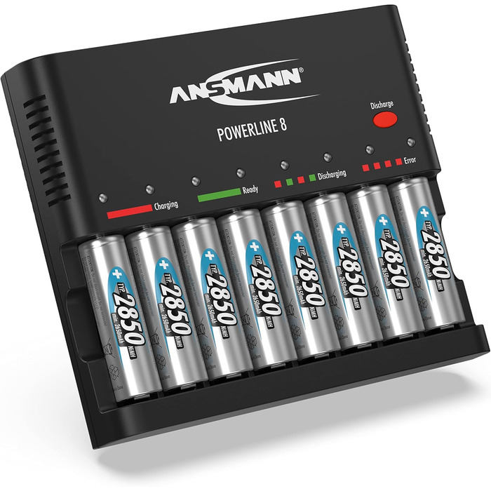 Зарядний пристрій Powerline 8 для акумуляторів AA/AAA з LED-дисплеєм, визначення дефектів та захистом від перевантаження (зарядний пристрій + 8 x 2850 акумуляторів)