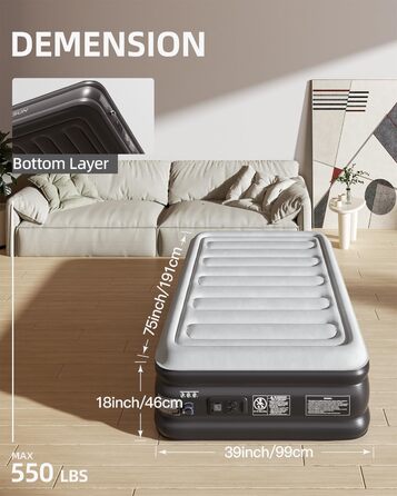 Надувне ліжко CHILLSUN® з електричним насосом, 203x152x46 см, для кемпінгу та гостей, водонепроникне, легко складається (1 особа)