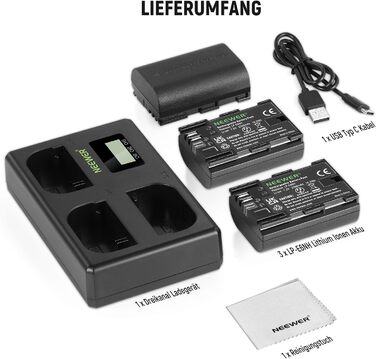 NEEWER Комплект акумуляторів та зарядного пристрою LP-E6NH (3 шт. 2250mAh) з USB зарядкою на 3 слоти, серветка, сумісний з Canon EOS R7, R5, R6, R6 II, R 5DIV, 6DII, 7DII, 80D, 90D