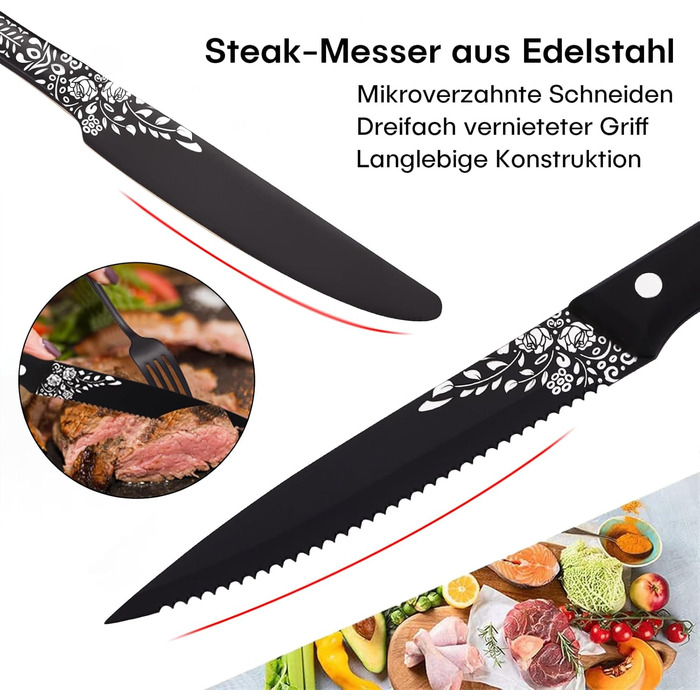 Black Cutlery Set for 6 People, HONKKU 36-Piece Stainless Steel Cutlery Set with Steak Knives, Eating Utensil Set Mirror Polished with Floral Patterns, Fork Spoon Knife Set Dishwasher Safe