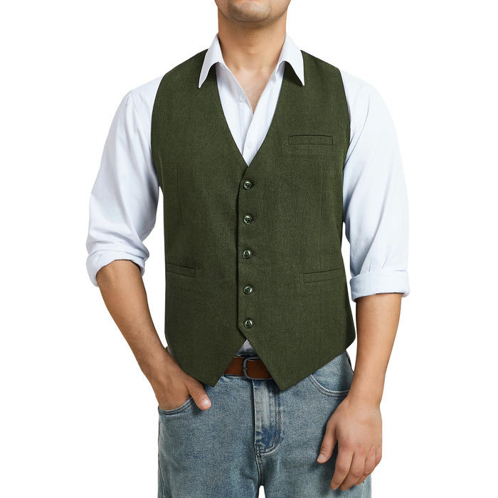 Жилет чоловічий HISDERN в стилі Herringbone, для весілля, Tweed, базовий, оливковий (S)
