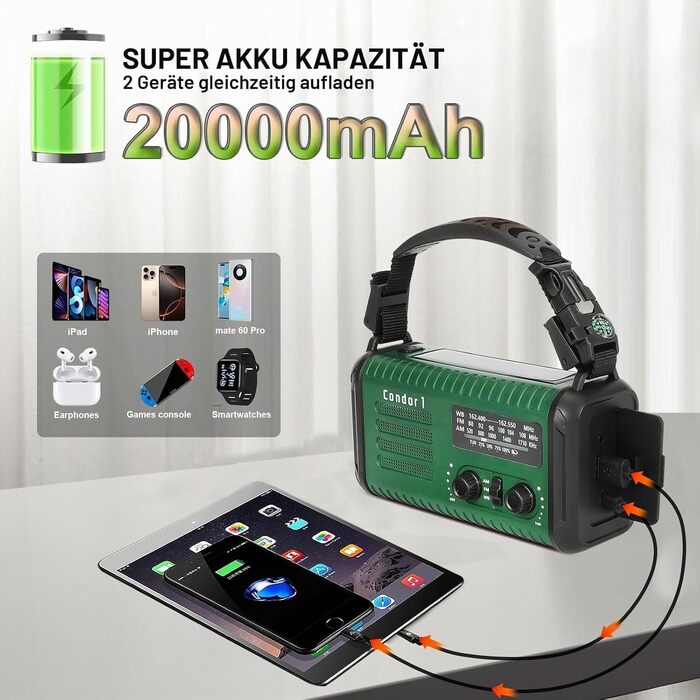 Радіо на сонячній батареї з ручним заводом 20000mAh, AM/FM, радіо для екстрених ситуацій, зарядний пристрій для телефону, SOS-сигнал, ліхтарик та лампа для кемпінгу та надзвичайних ситуацій, зелений