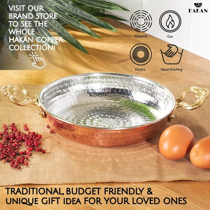 Hakan Runde Kupfer-Kochpfanne - Traditional Ottoman Style, Handcrafted Frying Pan, Authentic Design, Cookware, Hammered Sahan for Turkish Eggs 7.1 in | 18 cm