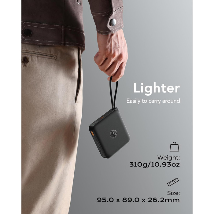 Power Bank VRURC з кабелем: швидка зарядка USB-C, павербанк