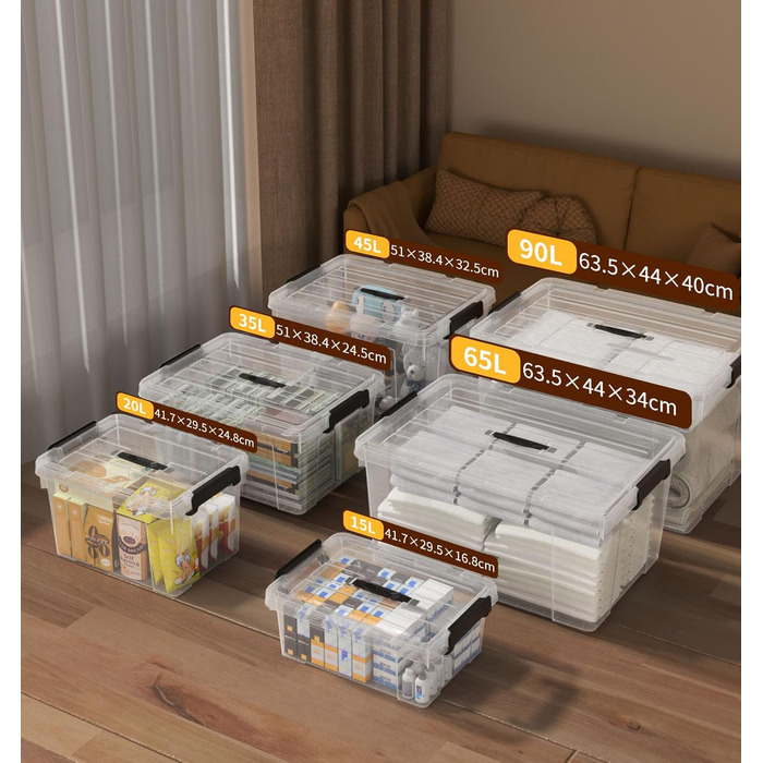 Cetomo Storage Boxes, Portable Plastic Boxes with Lids, Organizer Containers with Handles and Clips, Stackable, Nesting, for Home and Office, Transparent, 90L-3 Pack (35L*3)