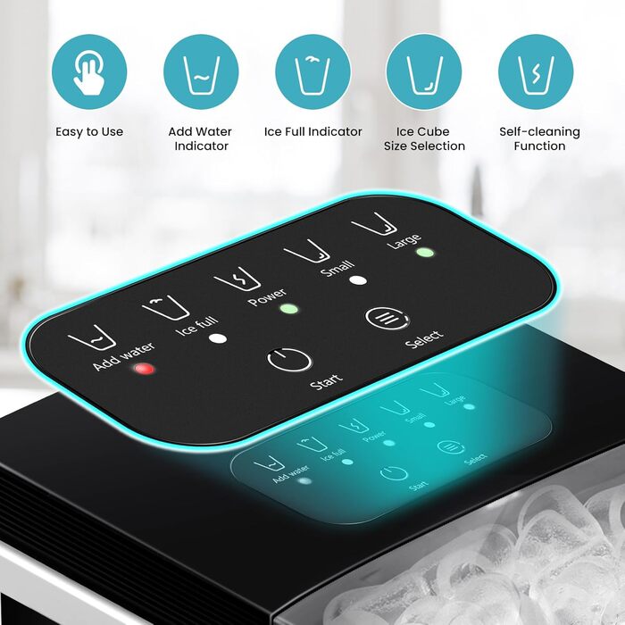 WOLTU Compact Ice Cube Maker Machine - Fast Ice Production (8 Cubes/6-8 Min) - 12kg/24h Capacity - Portable with Handle - Self-Cleaning - 2 Sizes - Ice Maker for Home, Camping, Office (1.4L, Black)