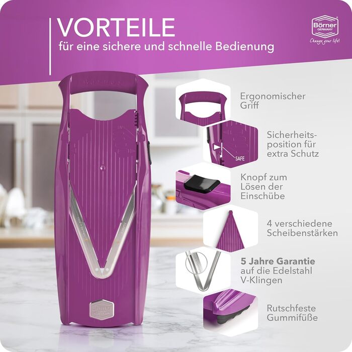 Набір Börner V5 для нарізки овочів та фруктів: нарізчик V-подібної форми, набір базової комплектації, фіолетовий колір