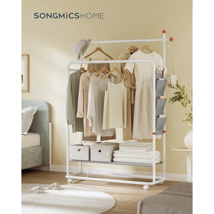Стойка для одежды SONGMICS HOME на колесах, гардеробна стійка з 2 перекладинами, полиця, бічний органайзер, гачки у формі сірника, стабільна, для спальні, передпокою, HSR171B01 (50T x 189,6H cm, Матовий)