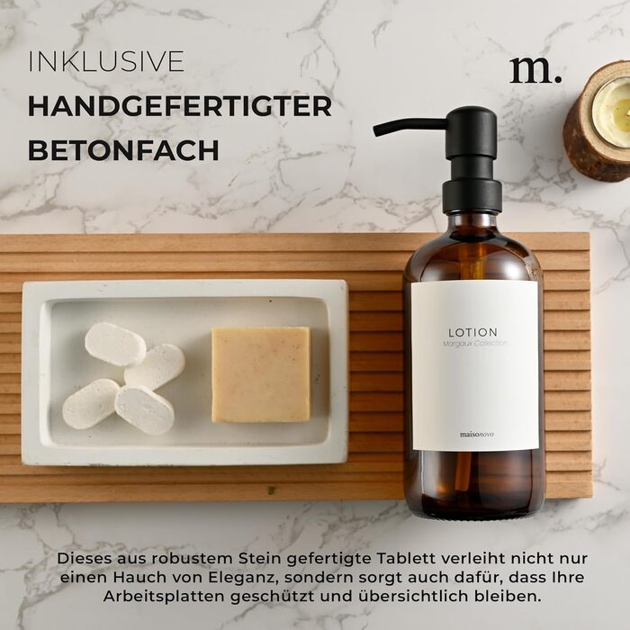 MaisoNovo Soap Dispenser Set - Soap Dispenser for Kitchen - 500 ml Amber Bottles, Black Pumps, Glass Pump Dispensers, Soap Dispenser Set, 2-Piece Set and Concrete Tray - Dish Soap Dispenser Kitchen