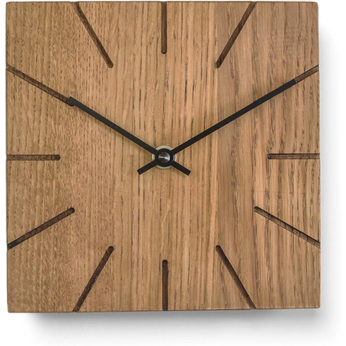 Oak Wall Clock, Table Clock, Desk Clock - Beam - Solid Wood Design 17 x 17 cm (Smoked Oak, Black Hands, Radio Clock Movement)