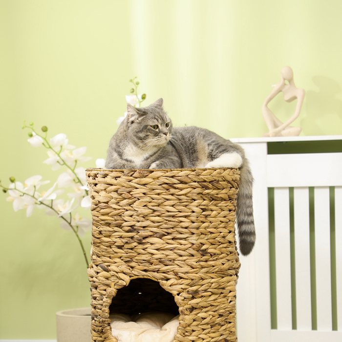 PawHut Cat Tree 73cm 3-Tier with Water Hyacinth and Steel Cushions, Light Brown for Cat Lovers