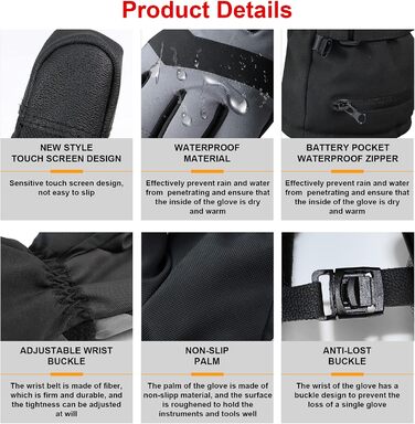 Гріючі рукавички 7.4V 3000mAh для жінок та чоловіків, водонепроникні, вітрозахисні, з підтримкою сенсорного екрану, для мотоциклів, активного відпочинку, походів та кемпінгу (L, Чорний)