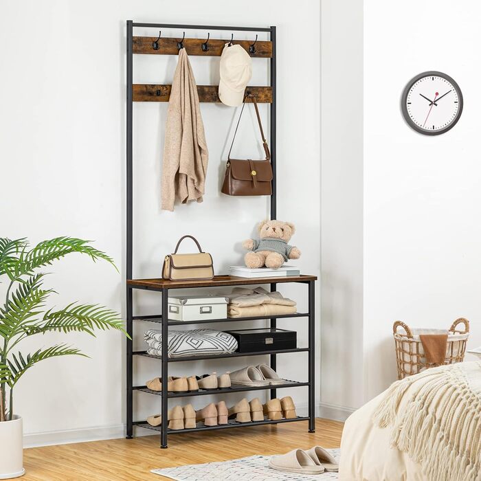 HOOBRO Coat Rack, Shoe Rack with Coat Rack, Clothes Rack with Shoe Storage, Shoe Cabinet with 5 Tiers, for Entryway, Dark Brown EBF80MT01G2