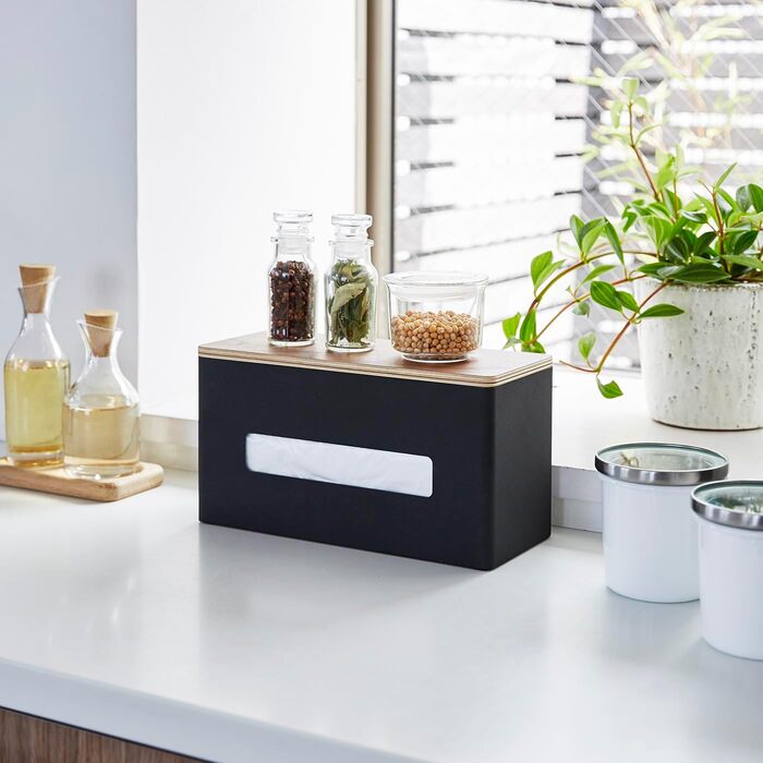 Yamazaki 4765 RIN Double-Sided Tissue Box, Black, Steel/Plywood, Minimalist, 26 x 11 x 14 cm